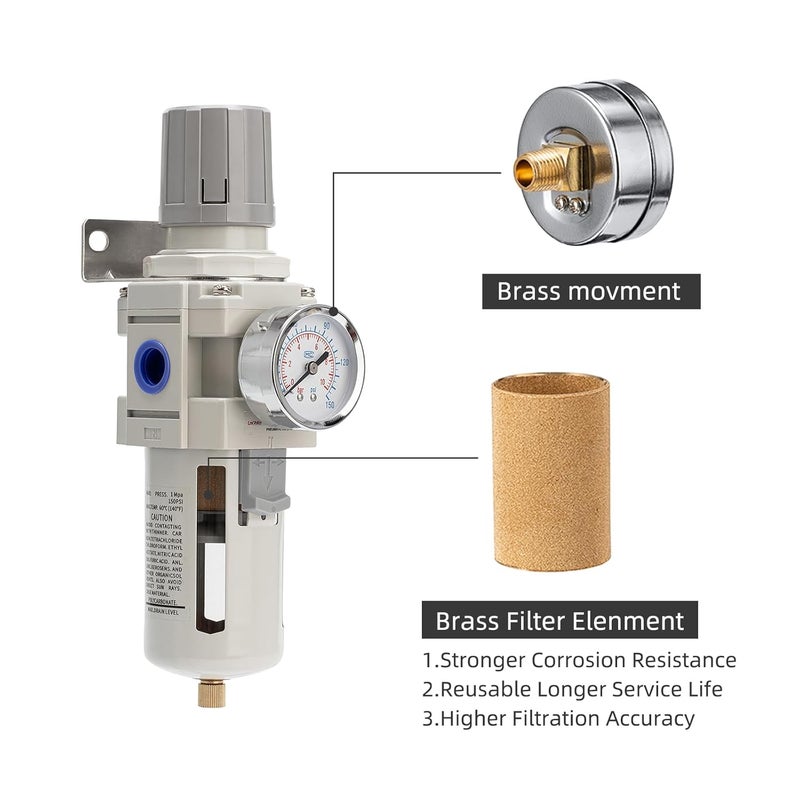 LNCHKA Industrial Air Compressor Filter Regulator Combo 3/8" NPT 0-150 PSI w/Semi-Auto Drain,5 Micron Water Separator for Pneumatic Tools - Image 4